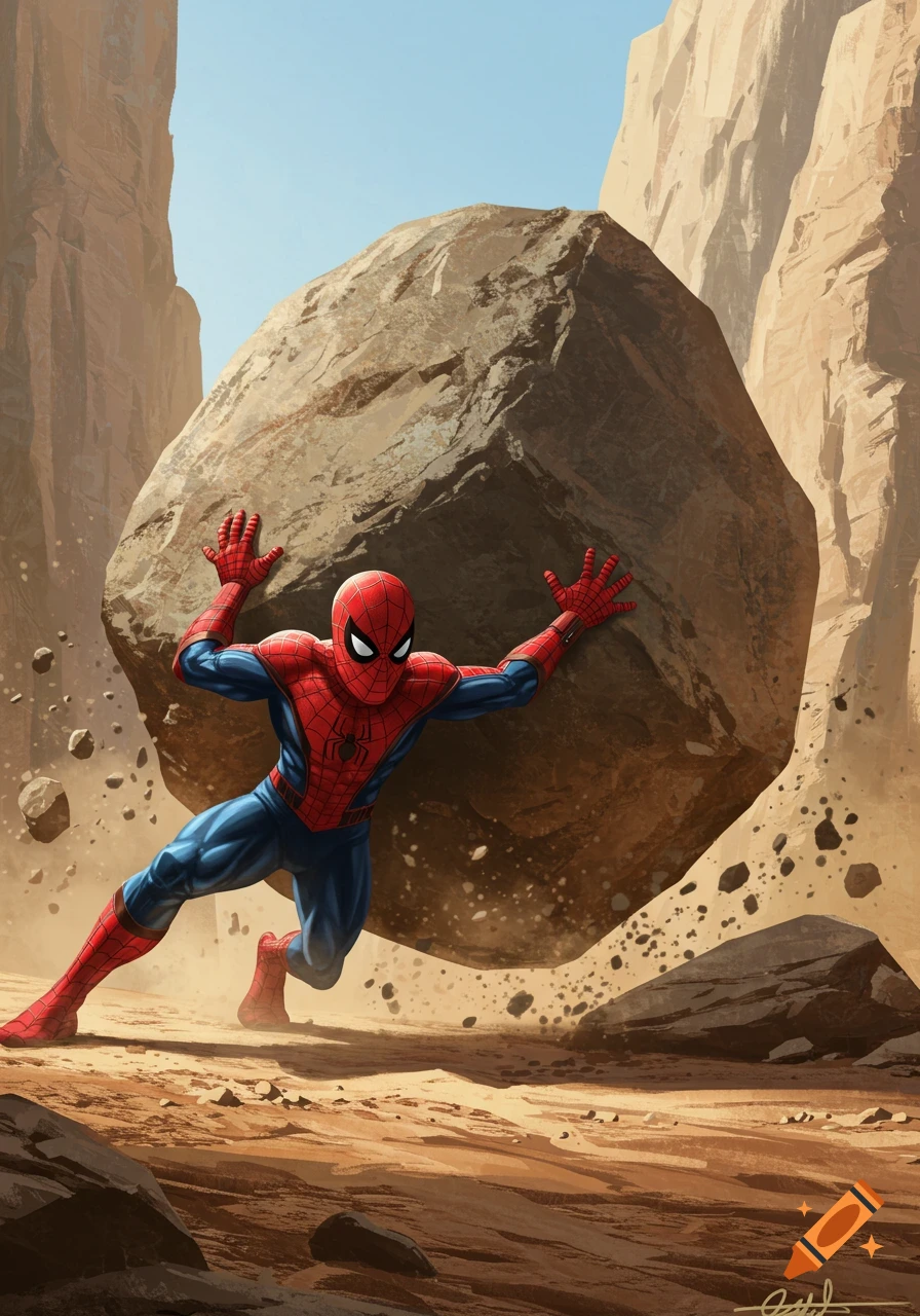 Spider-Man in his red and blue suit pushes a massive boulder down a rocky canyon under a bright sky, in a comic book art style.
