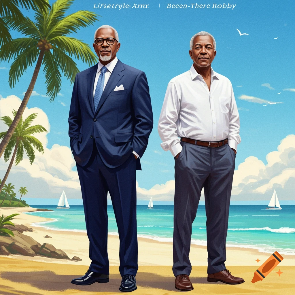 Two distinguished older men, one in a suit, one in a white shirt and slacks, stand on a sunny tropical beach with palm trees and sailboats.