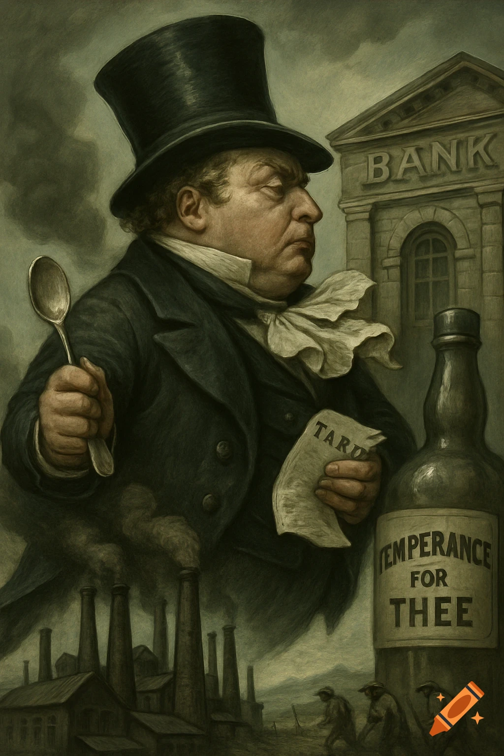 A grim, portly man in a top hat and formal attire holds a spoon and a 'TARIF' bill. Behind him are a 'BANK' building, smoking factories, and laborers, with a 'TEMPERANCE FOR THEE' whiskey bottle.