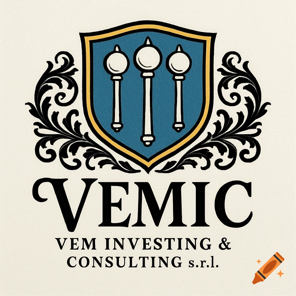 Heraldic style VEMIC logo with a blue shield, three white maces, and 'VEM Investing & Consulting s.r.l.' in black text.