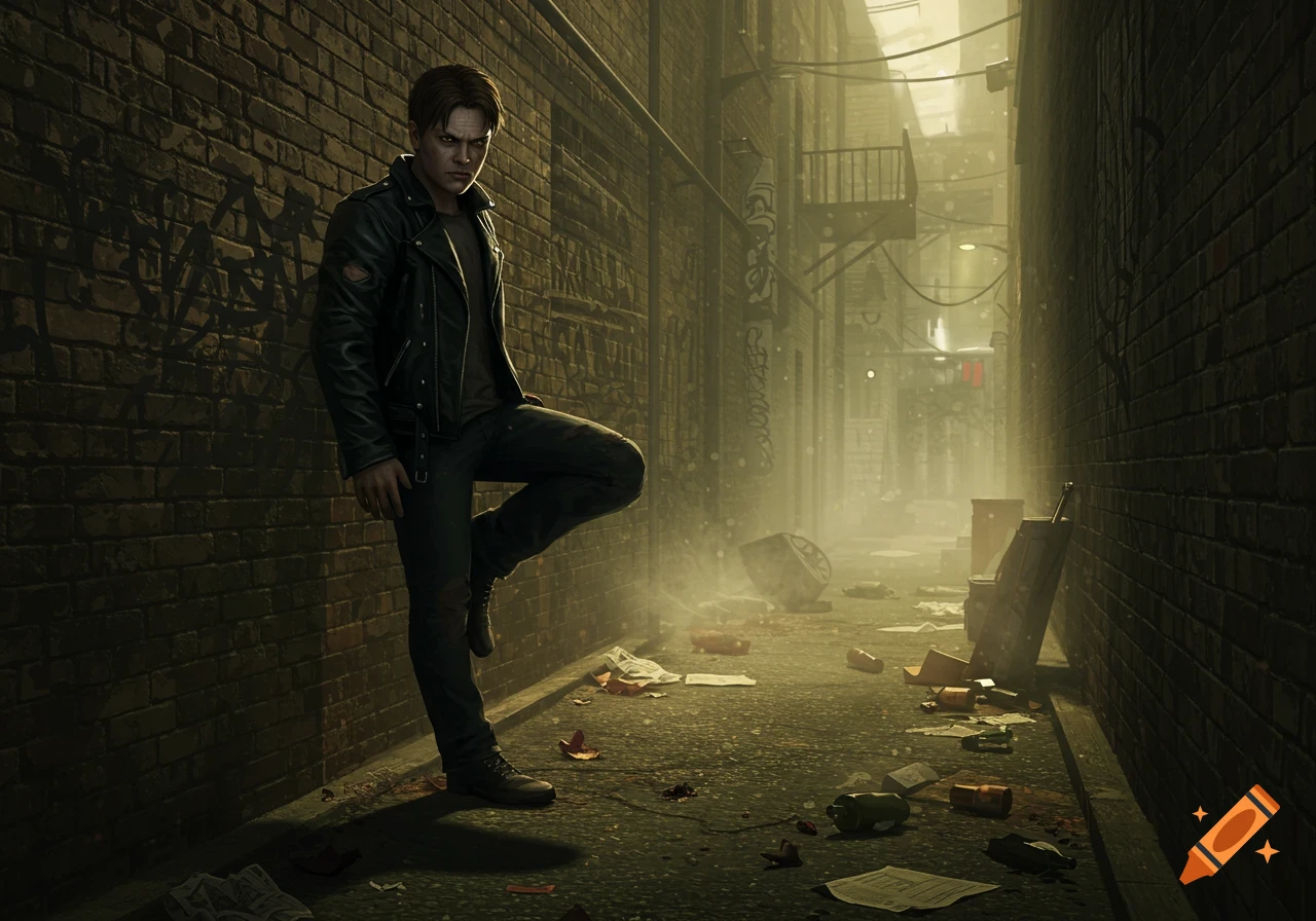 A man in a leather jacket leans against a graffiti-covered brick wall in a dark, trash-strewn urban alley, looking intently at the viewer.