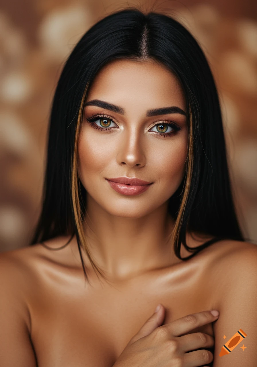Photorealistic portrait of a beautiful young woman with long dark hair, green eyes, subtle makeup, and bare shoulders.