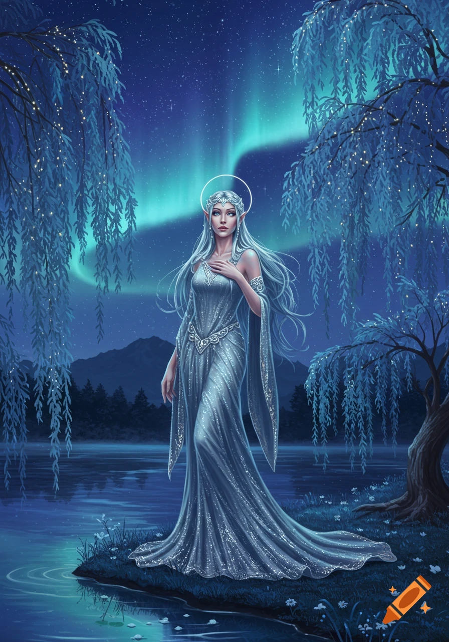 An elegant elf woman with white hair by a moonlit lake with glowing willows under an aurora borealis.