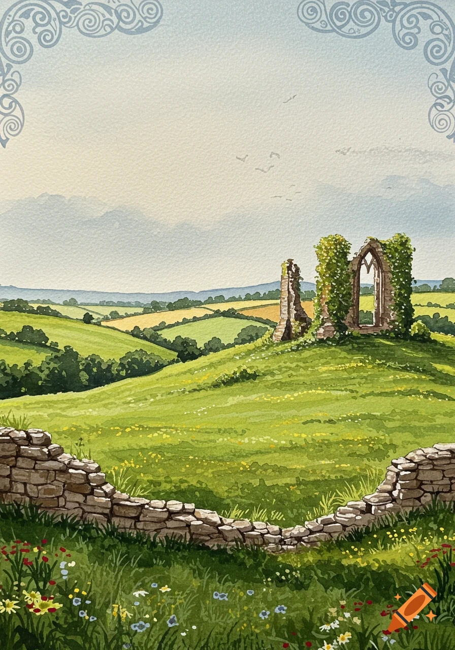 Watercolor of green English hills with an old stone ruin, a low stone wall, and decorative Celtic spirals in the sky.
