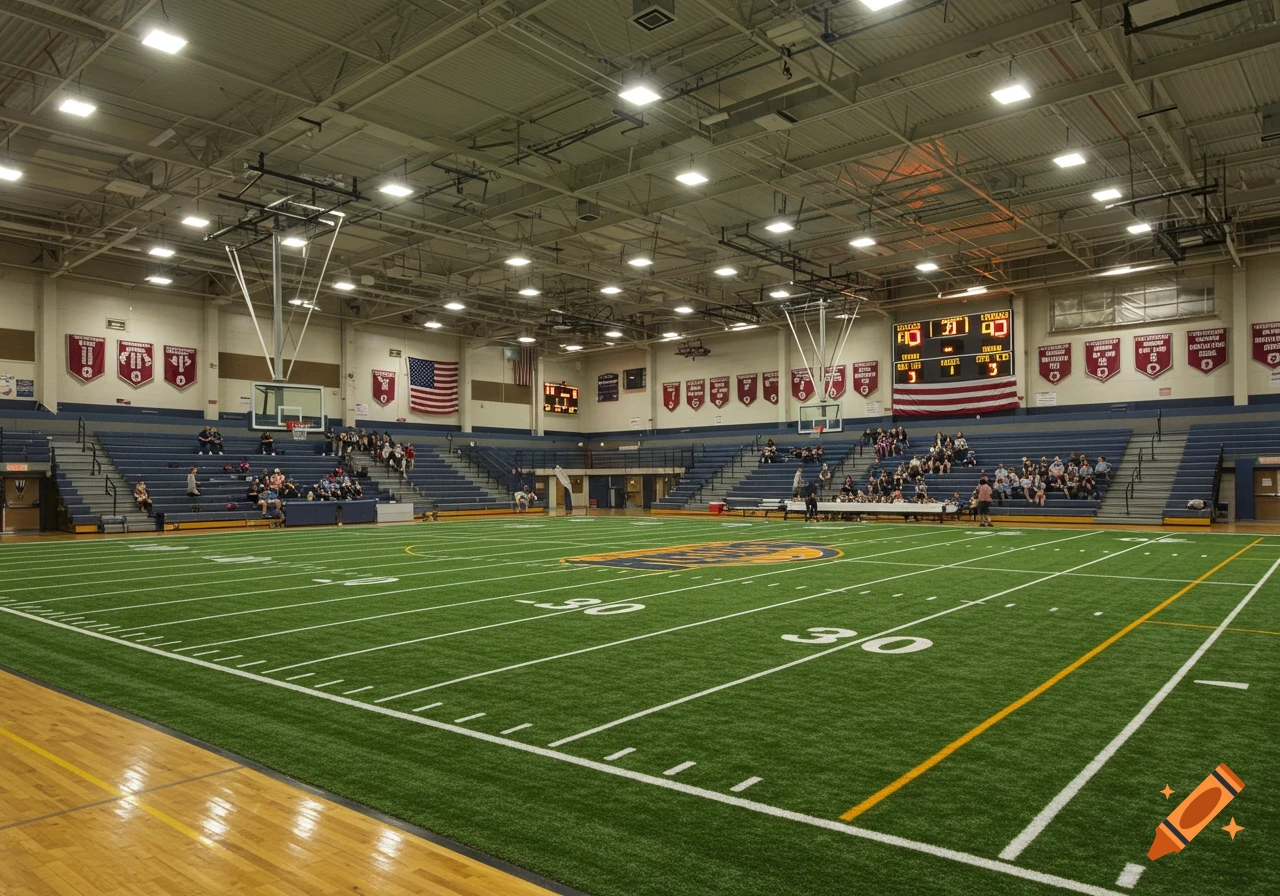 Indoor American football arena with green turf field, blue bleachers, and a scoreboard under bright lights.
