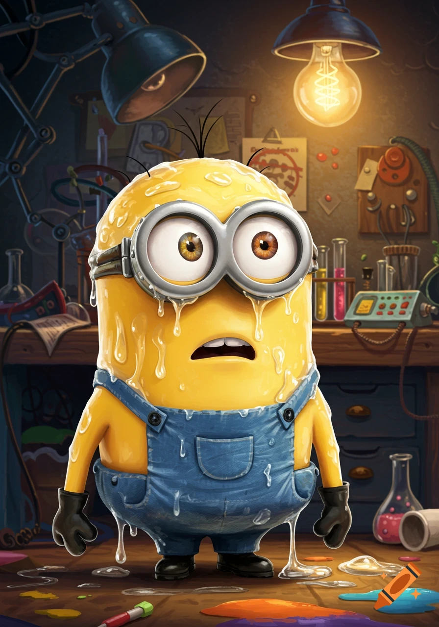 A Minion stands in a messy laboratory, covered in clear, gooey glue, looking surprised.