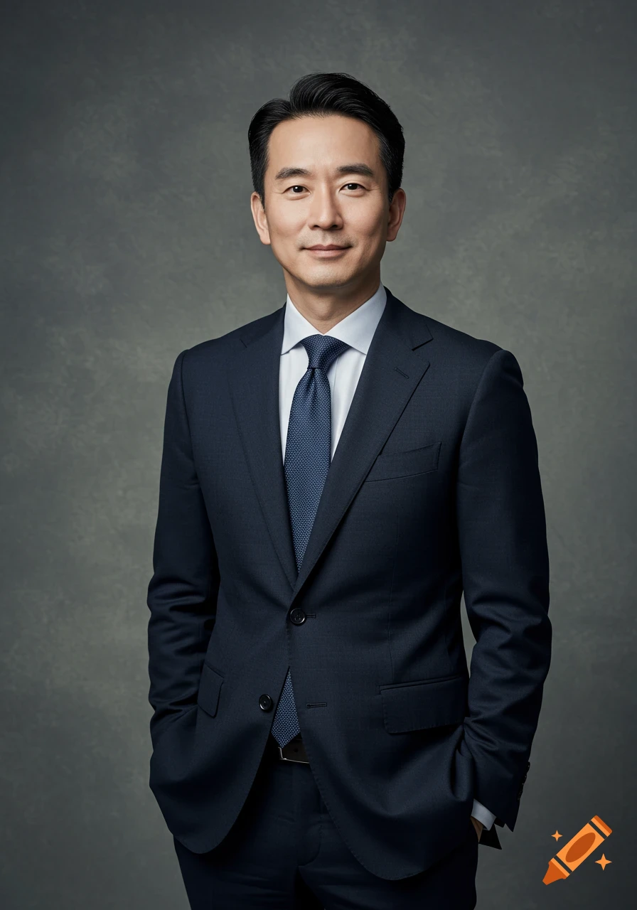 A professional studio portrait of a smiling East Asian man in a dark blue suit and tie, against a textured grey background.