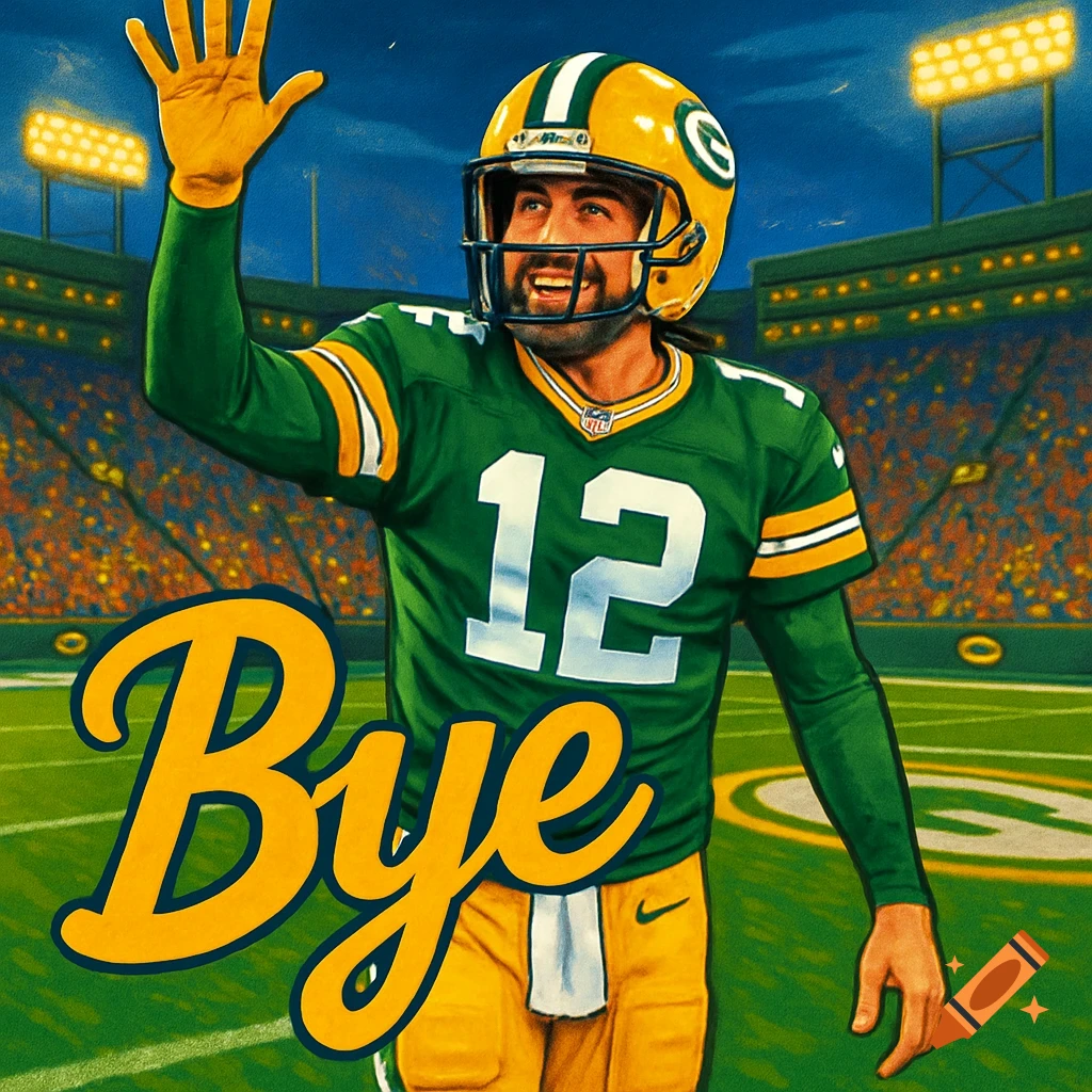 Illustration of a Green Bay Packers football player in a green jersey with '12' and helmet, waving on a stadium field with 'Bye' in front.