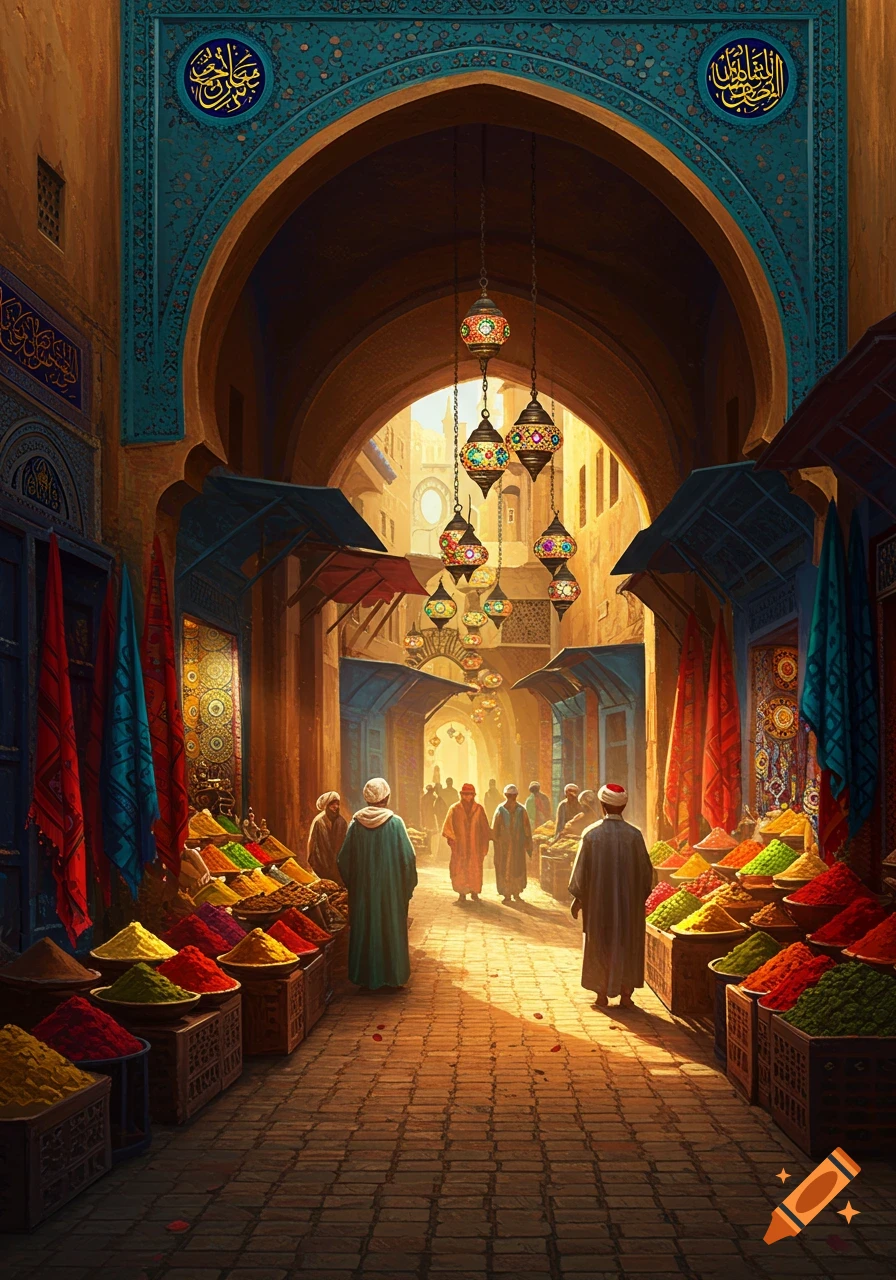 A vibrant, stylized Middle Eastern marketplace with people, colorful spices, and ornate lanterns under a grand archway.