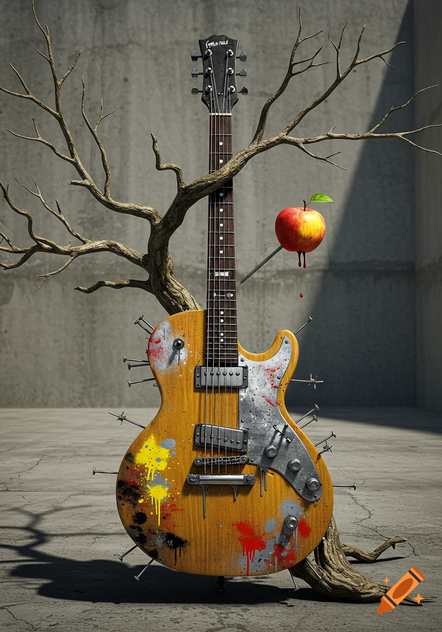 A distressed electric guitar with nails and paint splatters leans on a dead tree. A pierced apple drips red liquid in a surreal concrete setting.