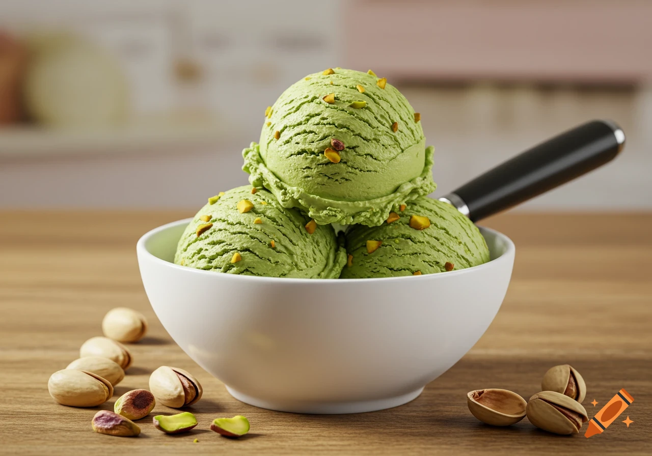 Three scoops of green pistachio ice cream in a white bowl, garnished with pistachios on a wooden table.