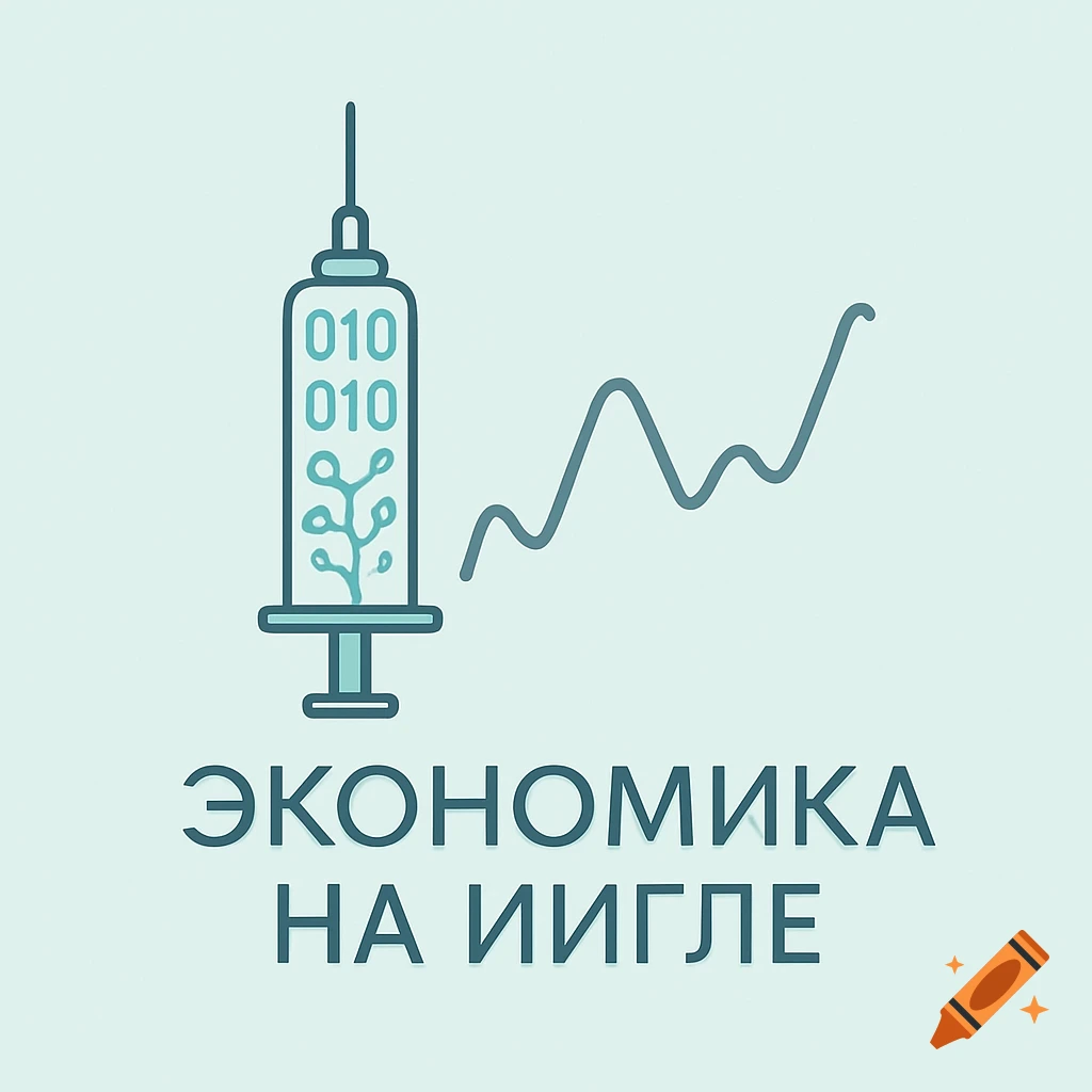 Minimalist logo on a light background featuring a stylized syringe with binary code and a neural network, next to an ascending line graph. Below is the text 'ЭКОНОМИКА НА ИИГЛЕ'.