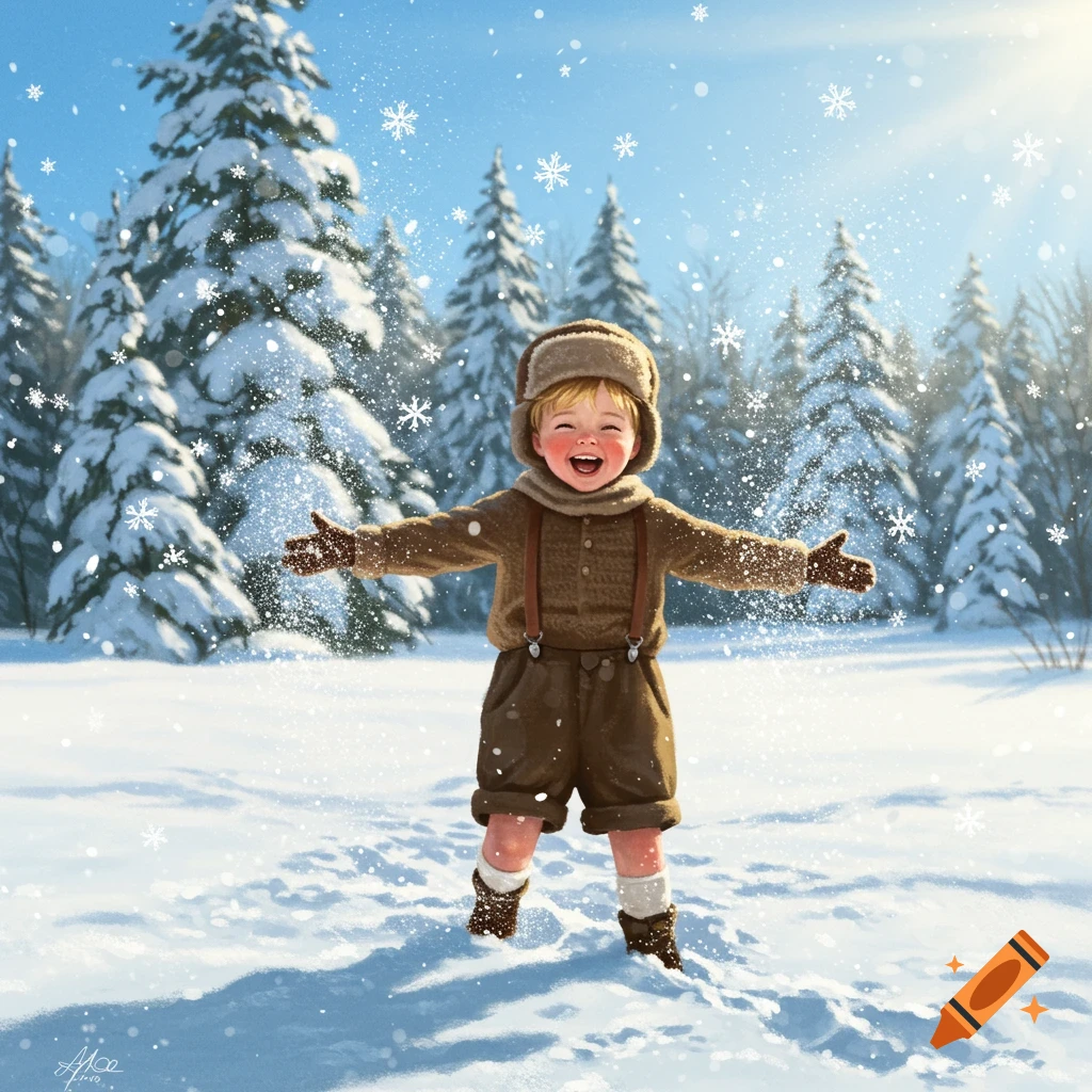 Happy young boy in a winter hat and shorts, arms outstretched, playing joyfully in a snowy forest with falling snowflakes. Digital painting.