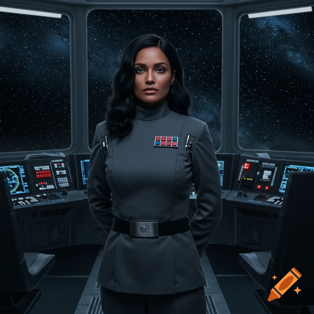 A serious-looking woman with dark hair in a gray Imperial navy uniform stands in a futuristic spaceship cockpit, gazing forward.