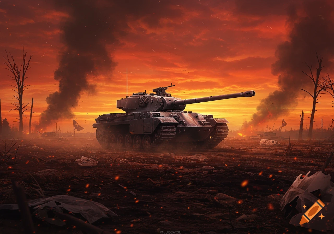 A powerful military tank stands on a war-torn battlefield under a dramatic, fiery orange sky with plumes of dark smoke.