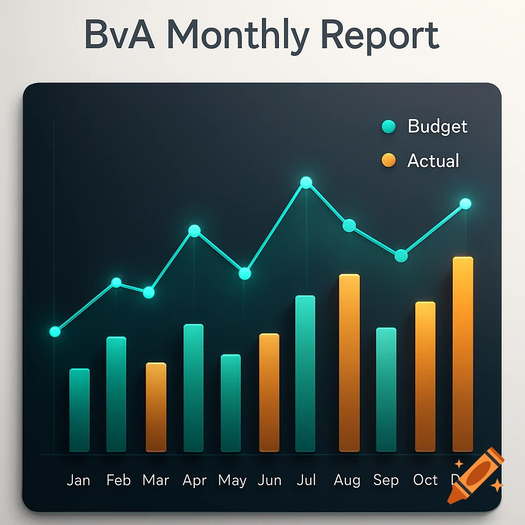 Modern data visualization of a monthly financial report with a line graph for budget and bar charts for actuals.