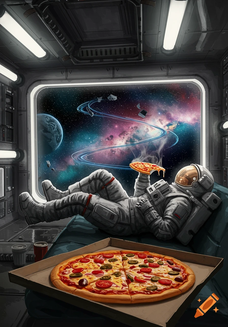 An astronaut in a spaceship lies on a couch, eating a slice of pizza while looking out a window at a colorful galaxy.