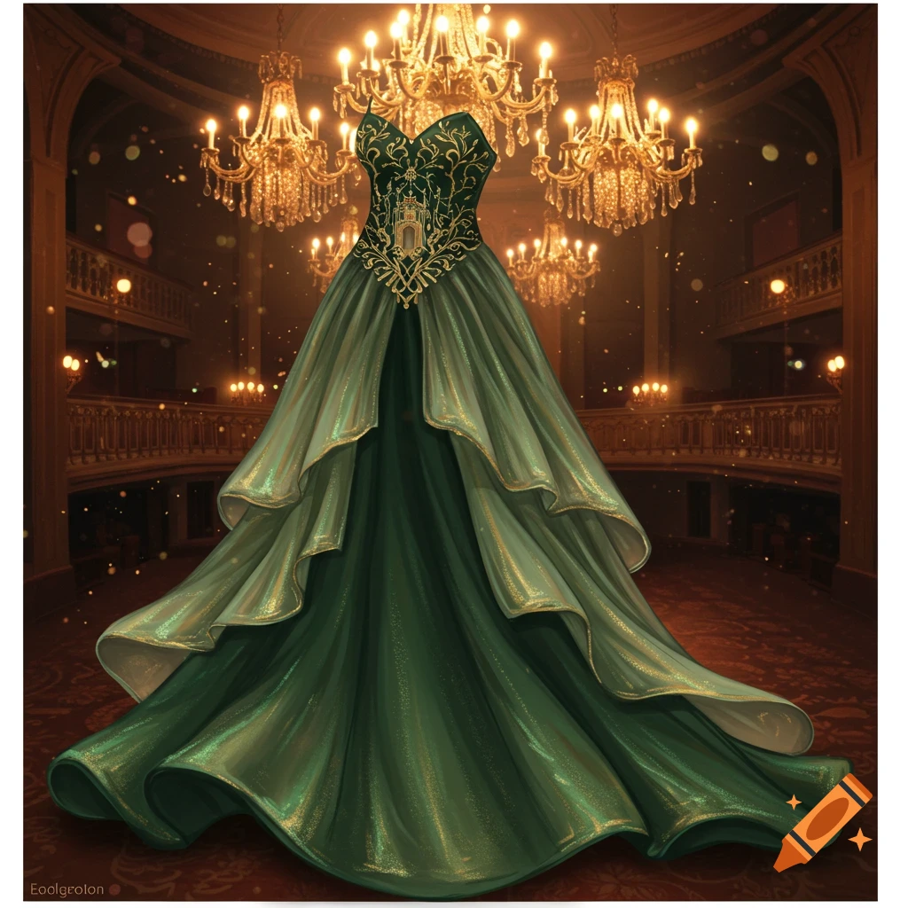 An opulent emerald green gown with gold embroidery and flowing layers stands in a grand, chandelier-filled hall.