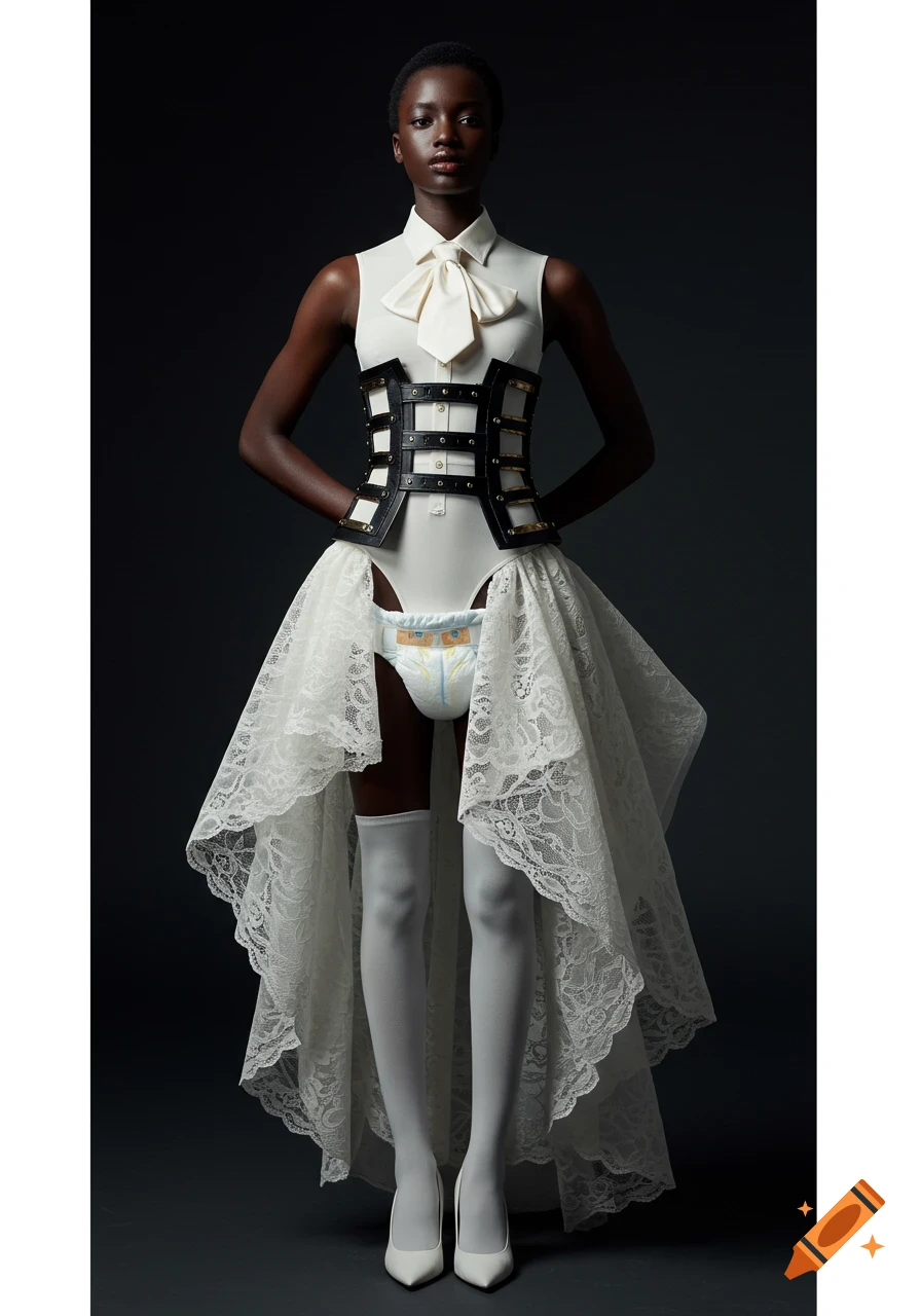 A woman in an avant-garde white outfit featuring a corset, lace skirt, bow tie, and diaper-like element, against a dark background.