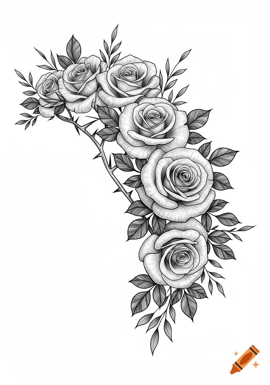 Black and white line art illustration of a curving spray of roses, leaves, and thorny stems.