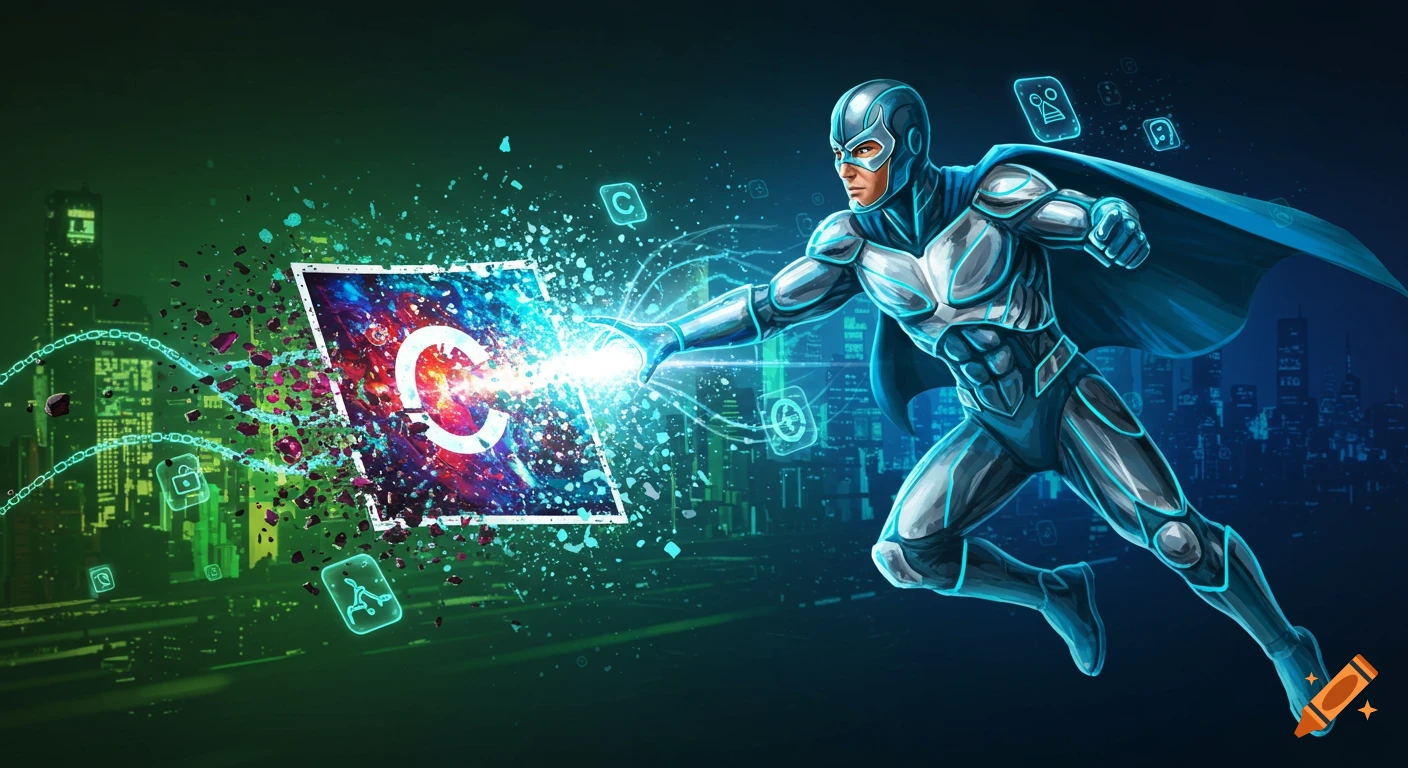 A superhero in a blue and silver suit flies through a digital city, shattering a glowing 'C' symbol with an energy blast from his hand.