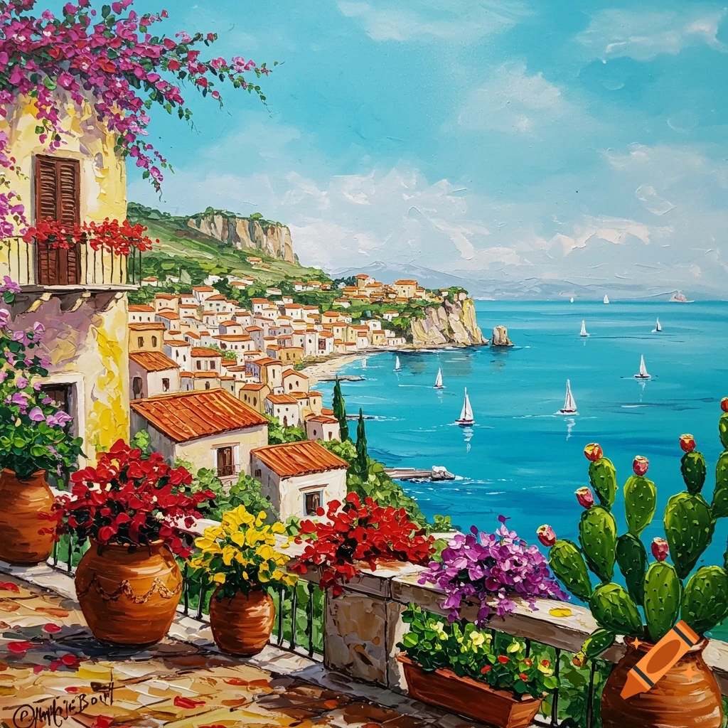 A vibrant palette knife painting of a Mediterranean coastal town with red-tiled houses, colorful flowers, cactuses, and sailboats on a blue sea.