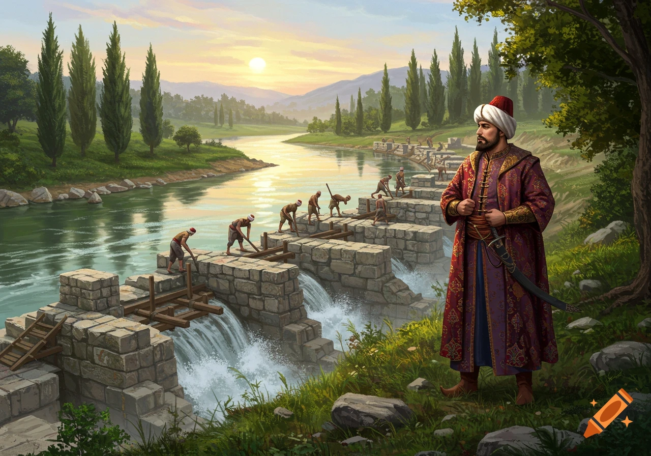 A man in historical Ottoman attire stands by a river at sunset, watching workers construct a stone dam, in a digital painting.