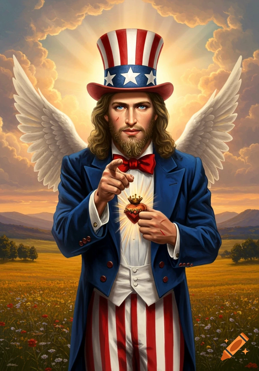 Jesus Christ as Uncle Sam with wings, pointing forward and holding a glowing sacred heart in a golden field at sunset.
