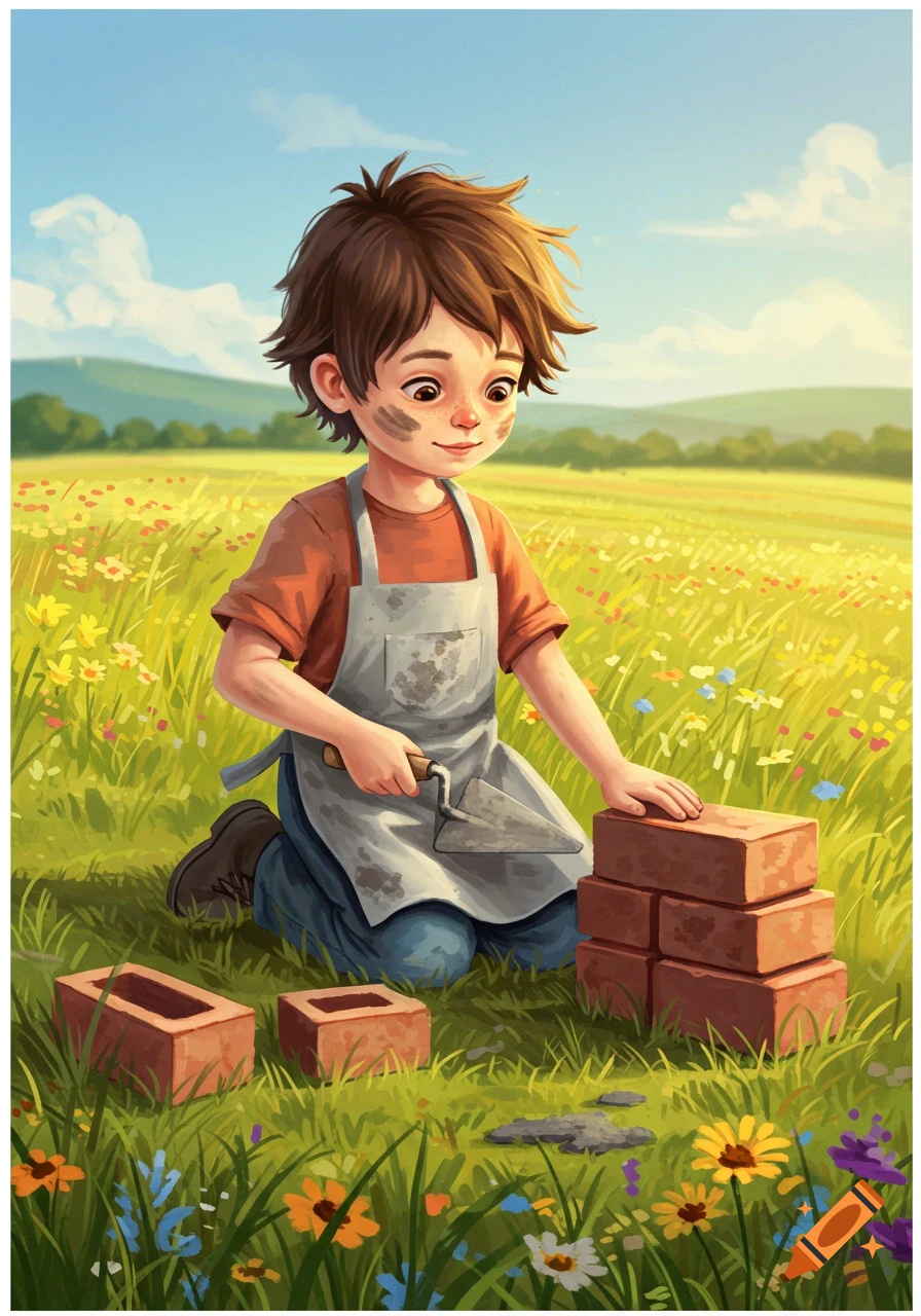 An illustration of a young boy with dirty cheeks, wearing an apron, kneeling in a field of wildflowers, playing with bricks and a trowel.