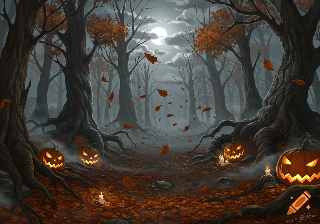 Spooky autumn forest with illuminated jack-o'-lanterns, falling leaves, bare trees, fog, and a full moon.