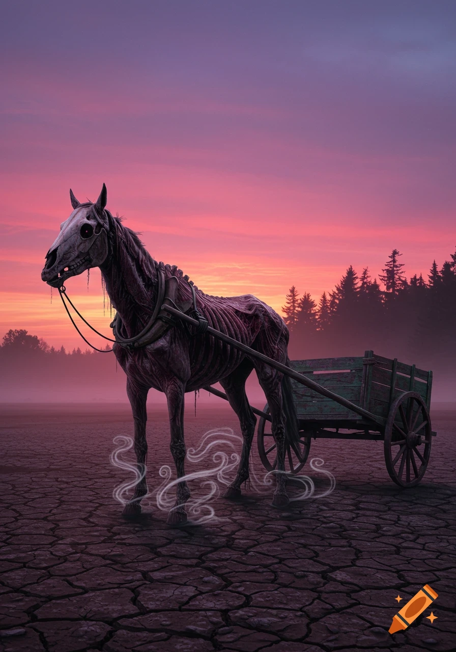 A skeletal horse with tattered flesh pulls a wooden cart on cracked ground under a dramatic pink and purple sunset, with a misty forest in the background.