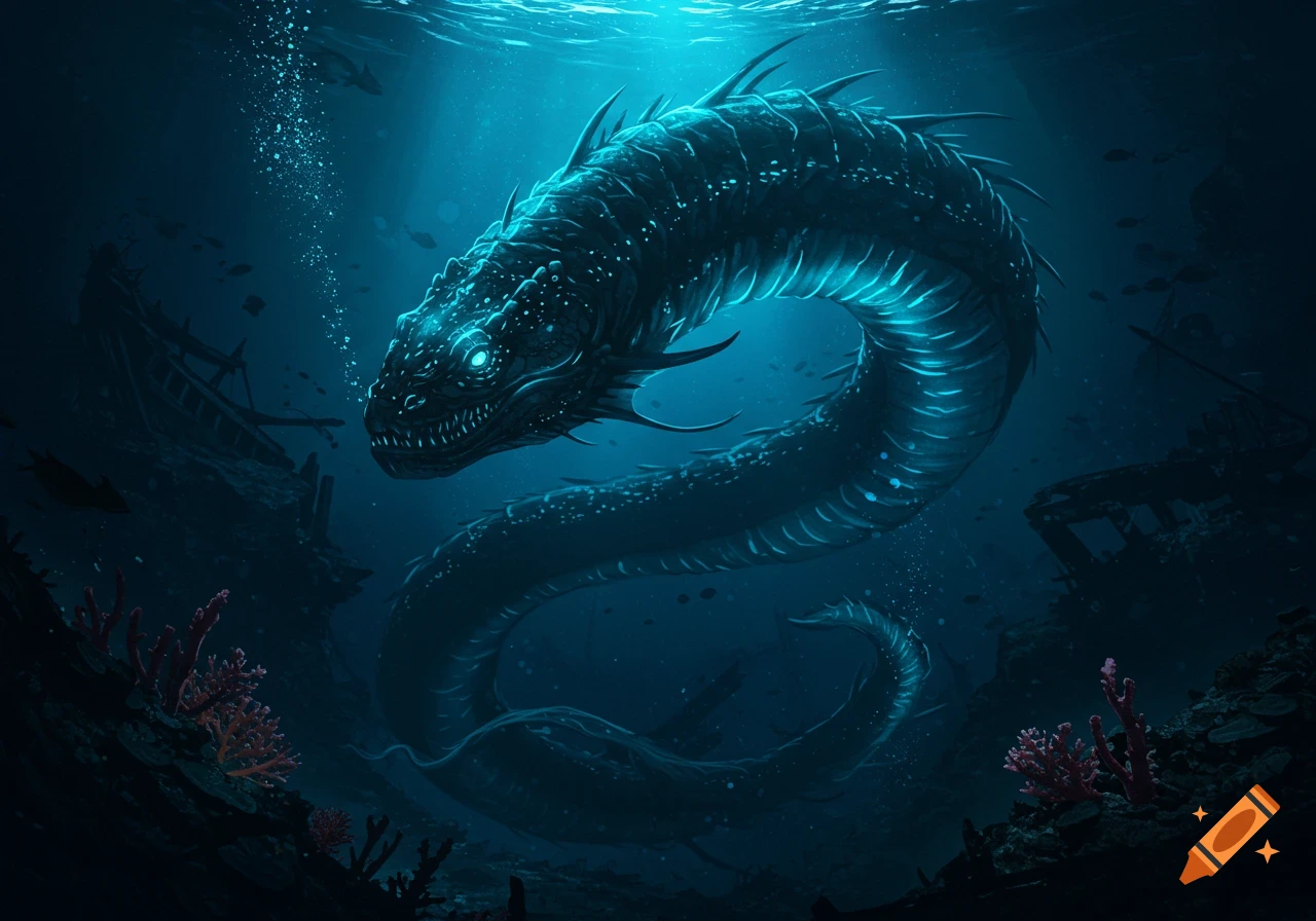 A giant, glowing blue-green deep-sea monster with sharp teeth and spikes swims through dark water past sunken shipwrecks and coral.