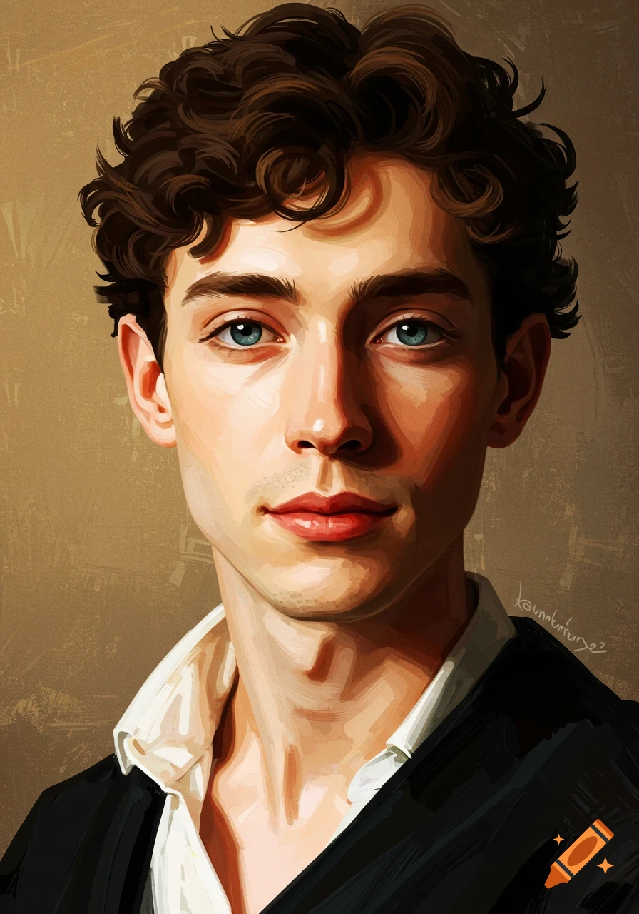 Digital painting portrait of a young man with curly brown hair and blue eyes, wearing a white shirt and black jacket.