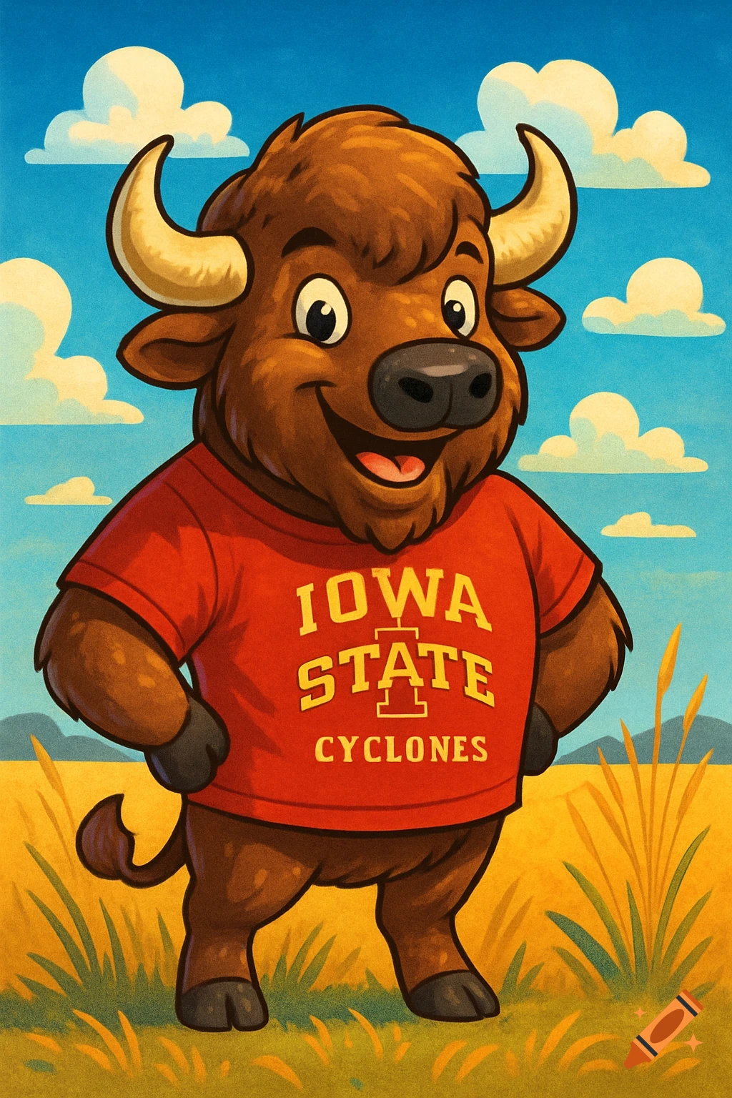 Cartoon buffalo mascot in an Iowa State Cyclones red shirt, standing in a golden field under a blue sky.