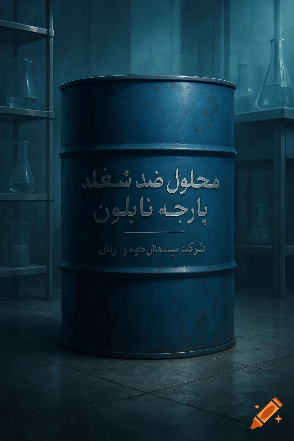 A blue, rusty industrial barrel with Persian text stands in a dimly lit laboratory, surrounded by shelves with glass flasks.