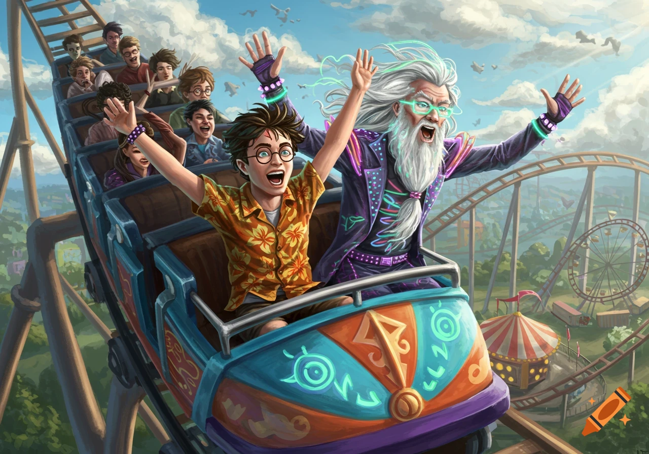 Harry Potter in a Hawaiian shirt and Dumbledore in a techno outfit joyfully ride a roller coaster at an amusement park.