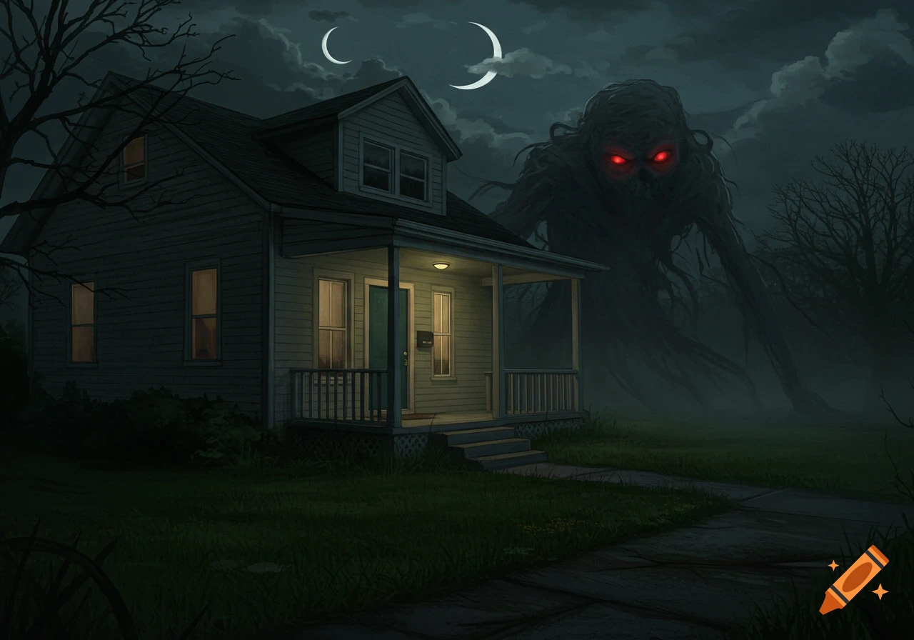 A giant, dark, tree-like monster with glowing red eyes looms over a small house under crescent moons at night in an eerie digital painting.