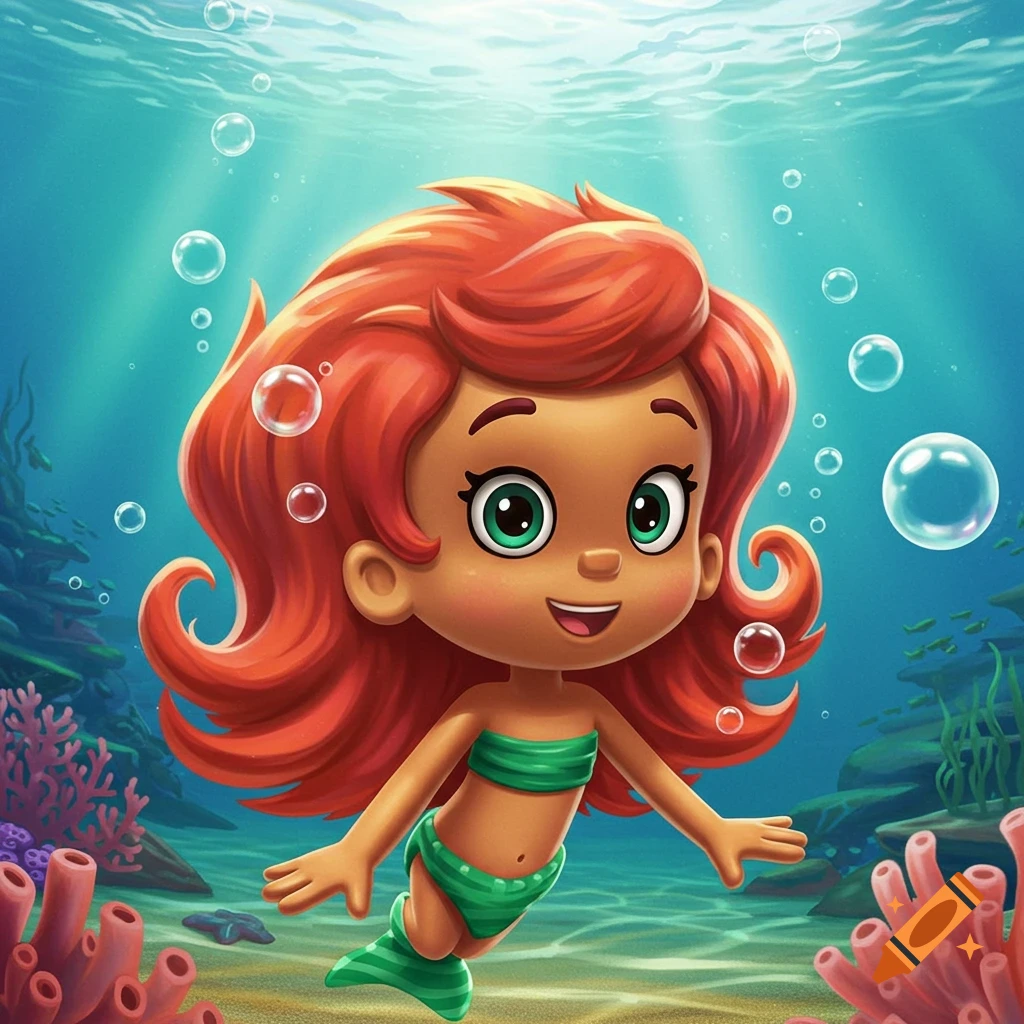 Stylized cartoon mermaid with red hair and tan skin wearing a green bikini, swimming underwater with bubbles and coral.