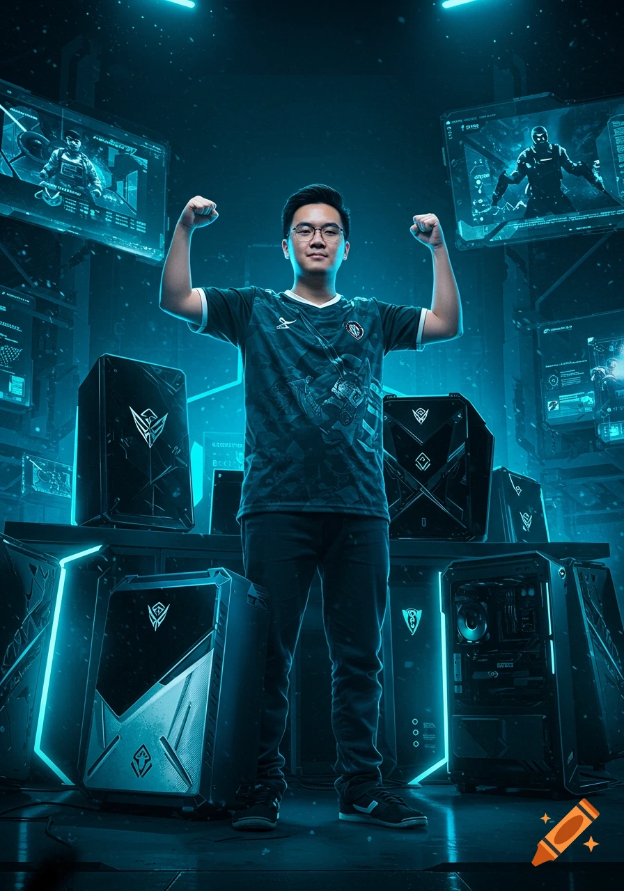 An Asian man in an esports jersey flexing, surrounded by glowing black gaming PCs in a blue-lit futuristic room.