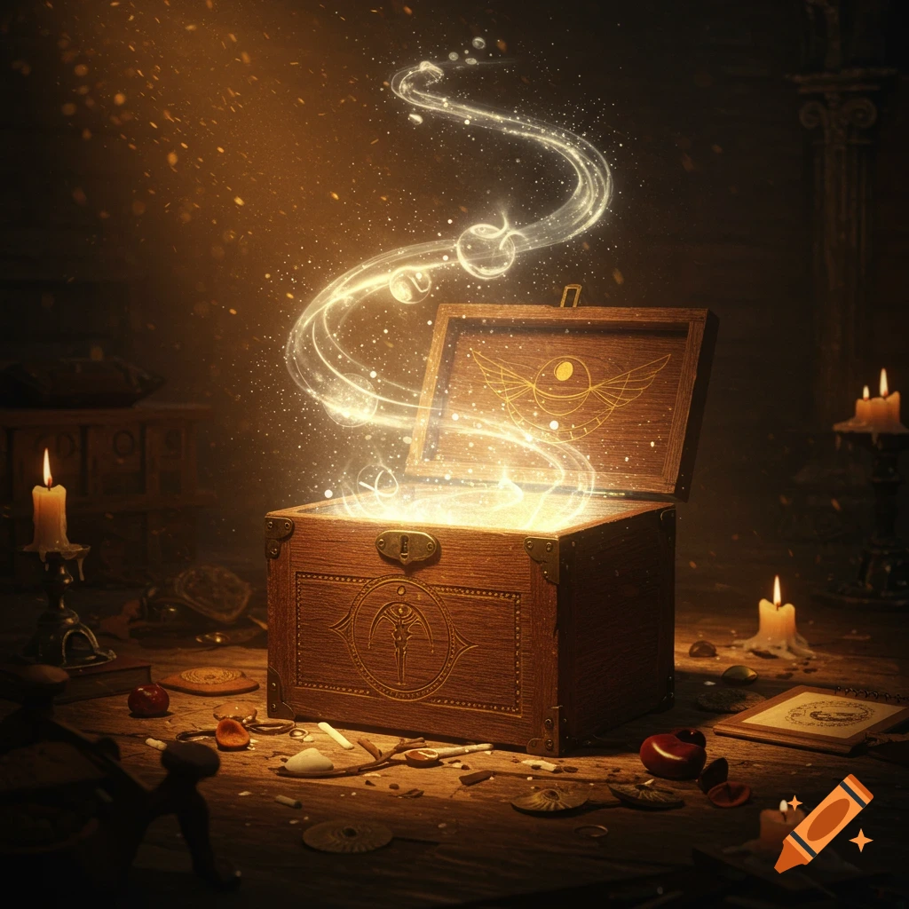 A glowing wooden box, resembling Pandora's Box, emits magical light and swirling wisps in a dark, candlelit room filled with ancient artifacts.