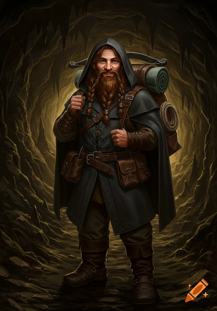 A realistic illustration of a smiling dwarf with a hood, long braided beard, cape, backpack, and crossbow, standing in a dark cave.