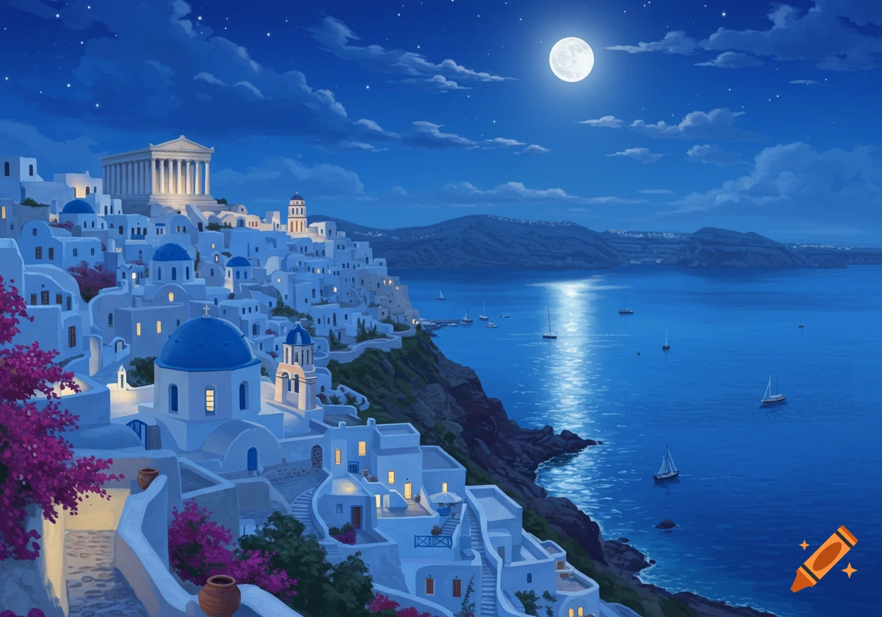 A picturesque Greek town with white buildings and blue domes cascading down a cliff to the sea under a full moon and starry night.