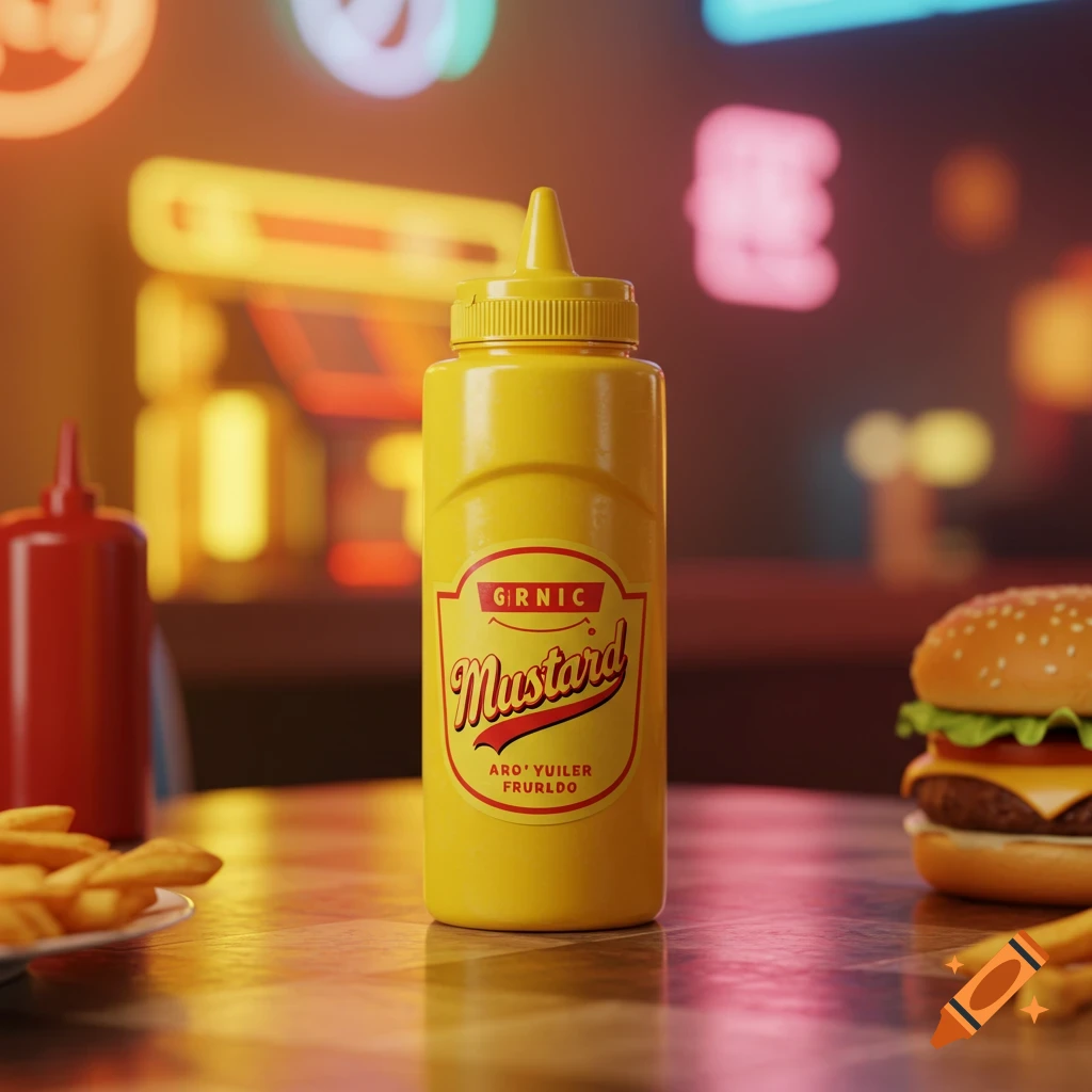 A yellow mustard squeeze bottle stands prominently on a table, with a burger and fries blurred in the background of a neon-lit diner.