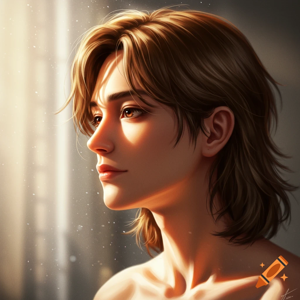 A young man with brown hair, illuminated by golden light and sunlight shadows, looks left in a detailed digital portrait.