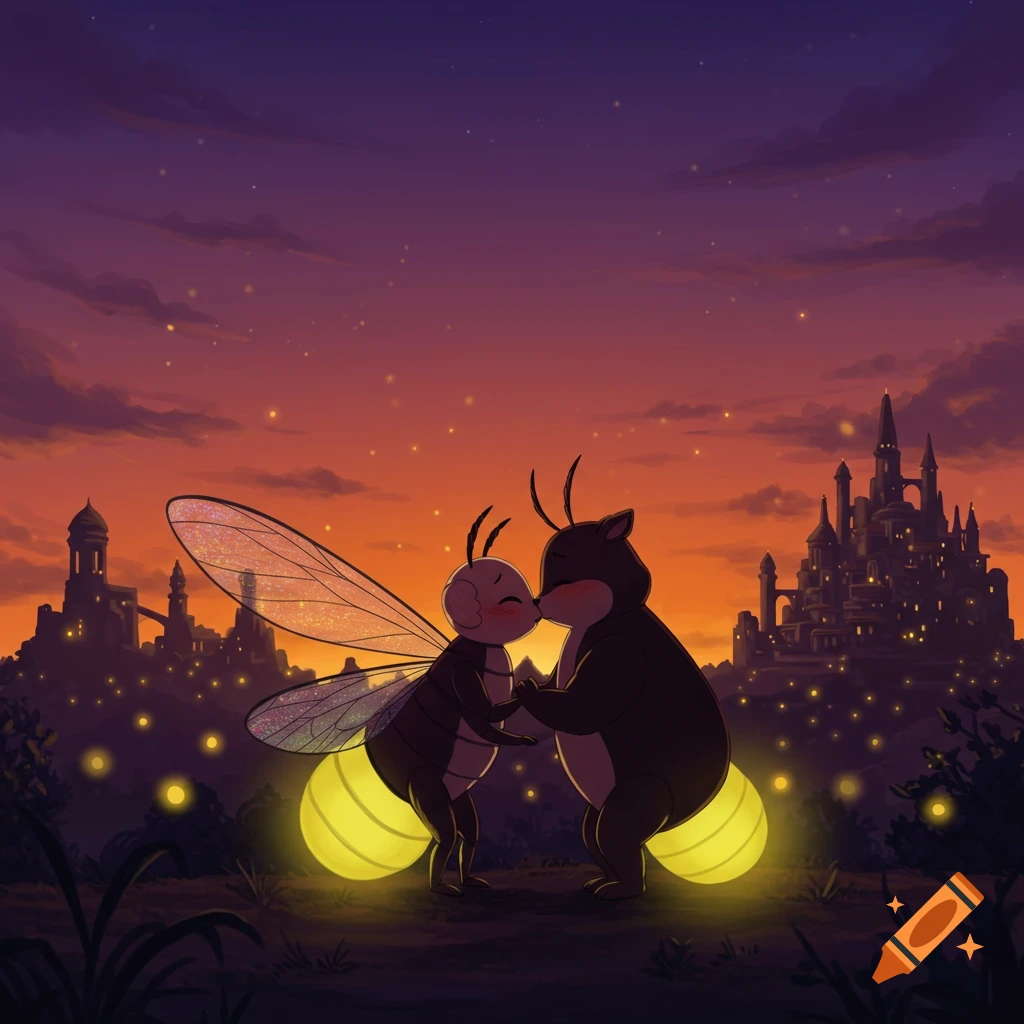 A cartoon firefly and a furry creature kiss at sunset over a glowing fantasy city.