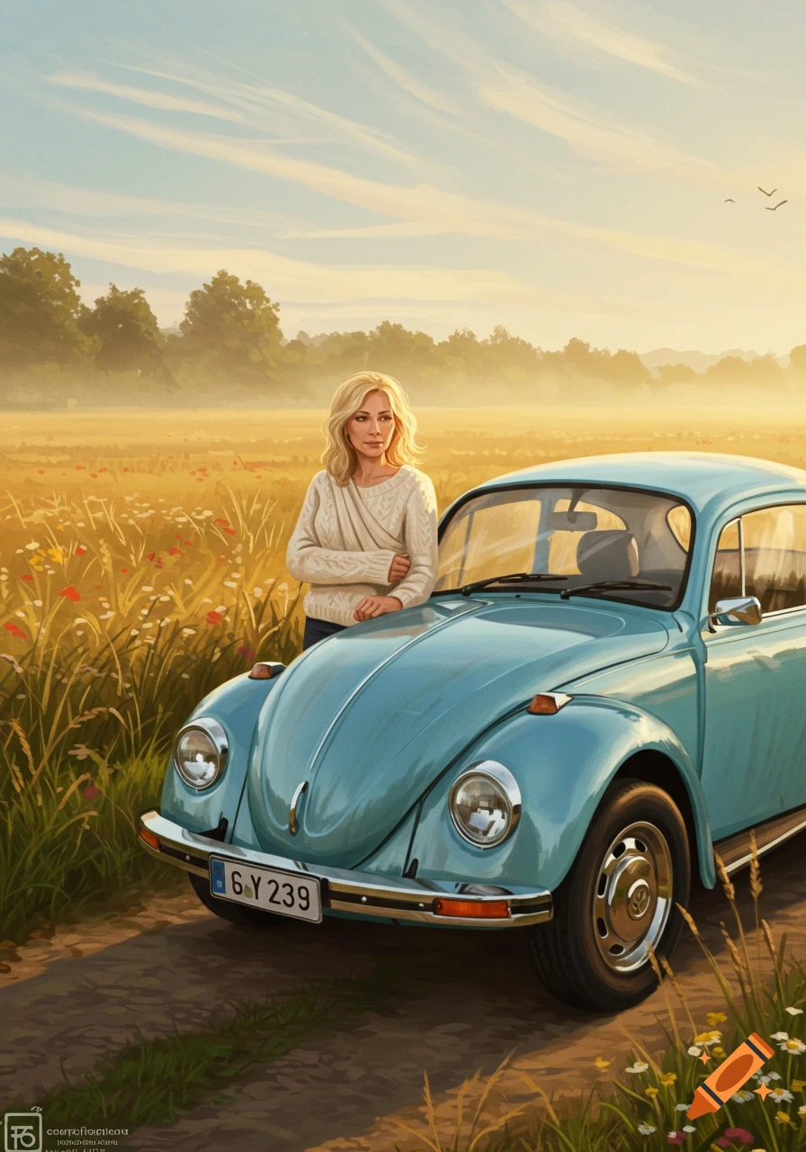 A blonde woman in a cream sweater stands next to a light blue Volkswagen Beetle in a sunny, golden field. The scene has a painterly style.