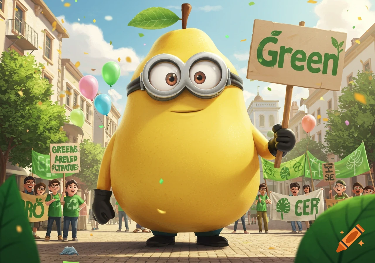 A cartoon pear-shaped Minion wearing goggles holds a "Green" sign during a sunny outdoor parade with people and balloons.