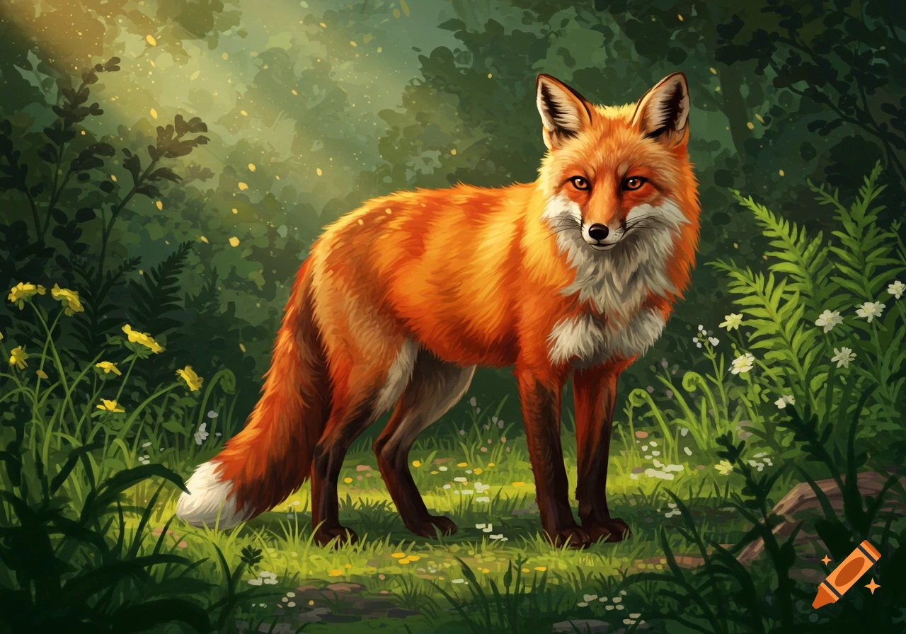 A vibrant red fox stands alert in a lush, sun-dappled green forest, rendered in an illustrated style.