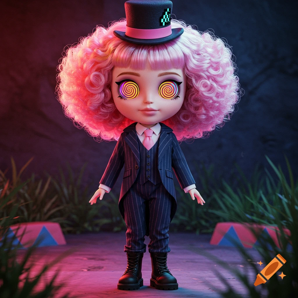 A whimsical doll with bright pink curly hair, spiral eyes, wearing a pinstripe suit, pink tie, and combat boots in a surreal, dimly lit setting.