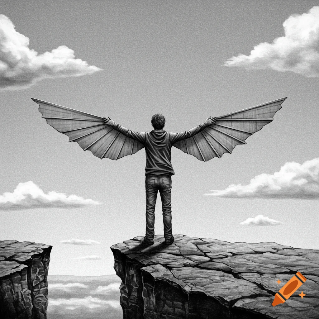 Black and white drawing of a man with wings on a cliff edge, viewed from behind, looking at the sky.